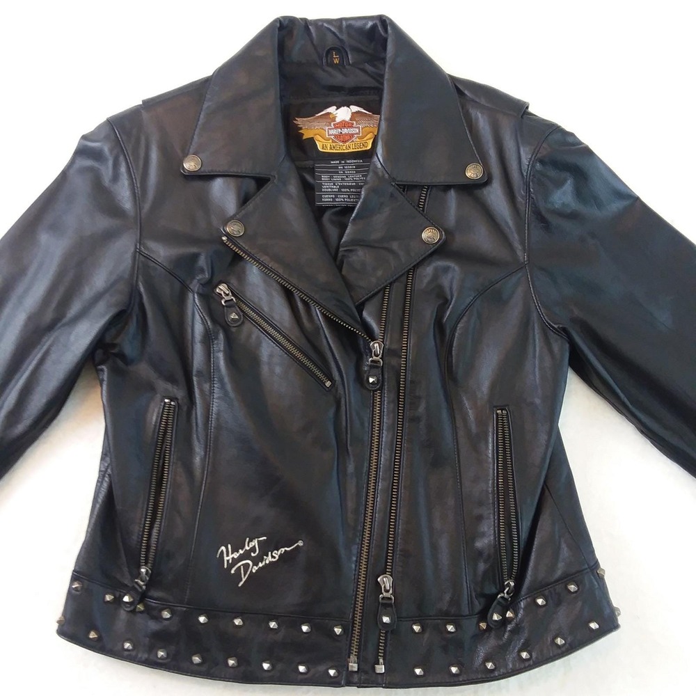VTG Harley Davidson Womens L Leather Wing Motorcycle Jacket Studded Black Biker - Picture 5 of 16